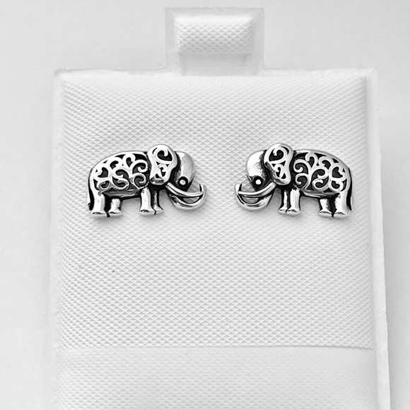 Sterling Silver Filigree Elephant Earrings, Animal Earring, Silver Stud Earring - Picture 7 of 12